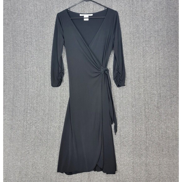 Max Studio Wrap Dress Womens Small Black V Neck Side Tie Stretchy Knit Midi - Picture 1 of 11